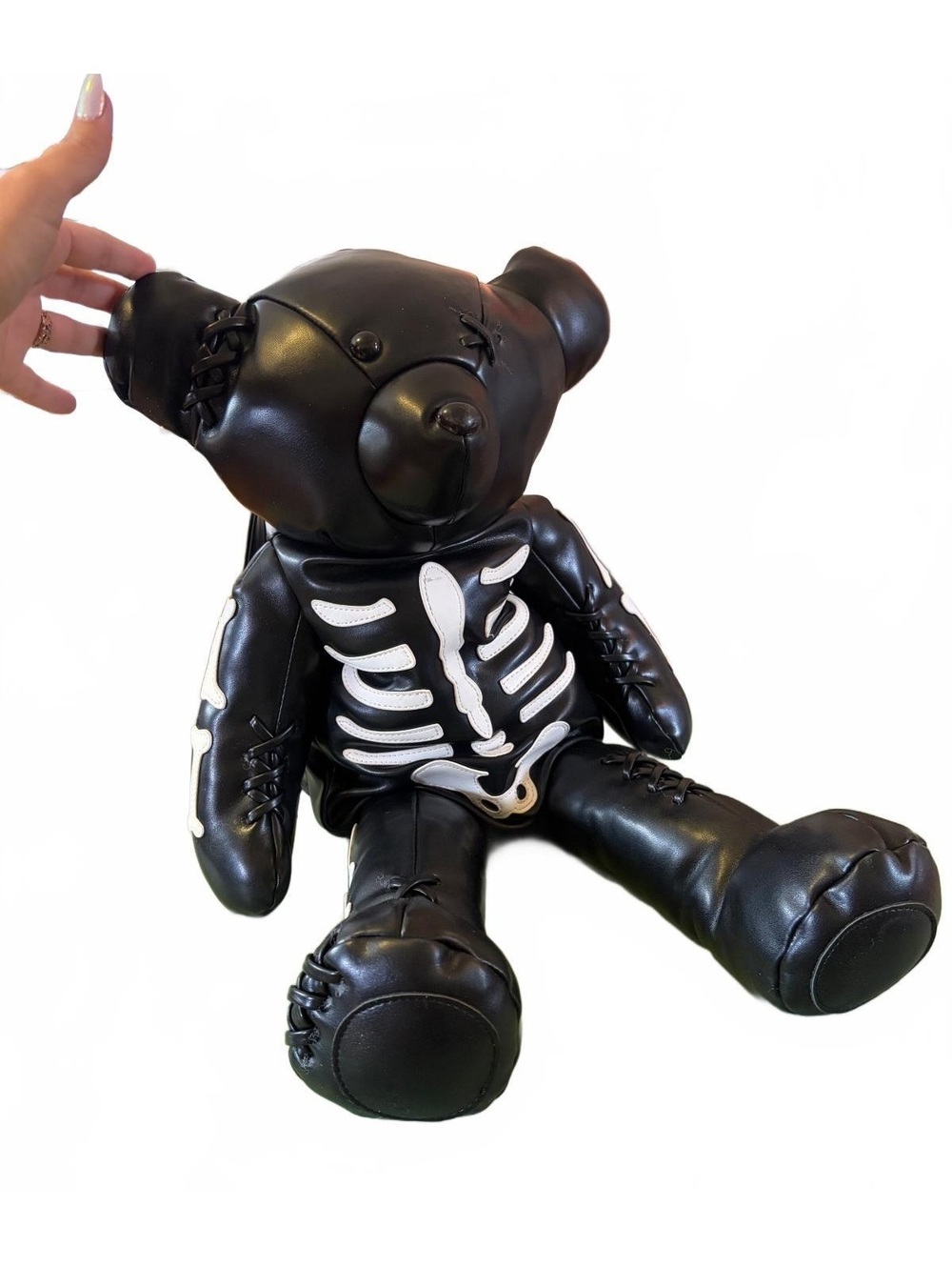 Black Faux Leather Teddy Bear Backpack with Skeleton Bone Design